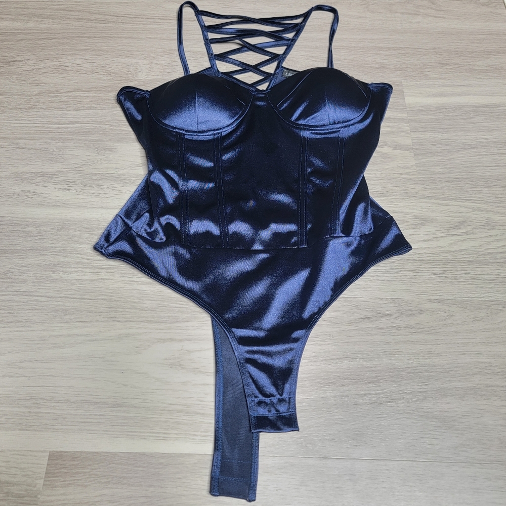 Blue Satin Bodysuit with Strappy Detail